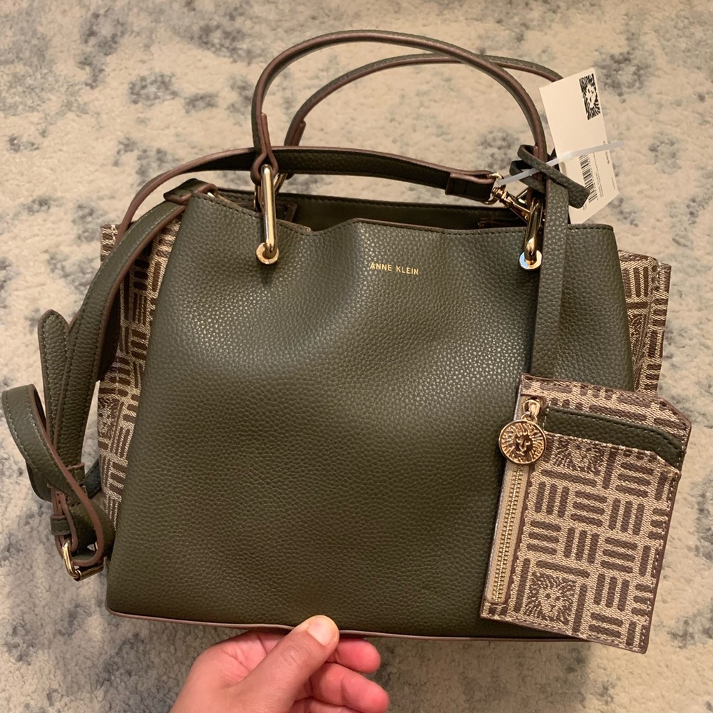 Anne Klein Green and Tan Shoulder Bag with Gold Hardware